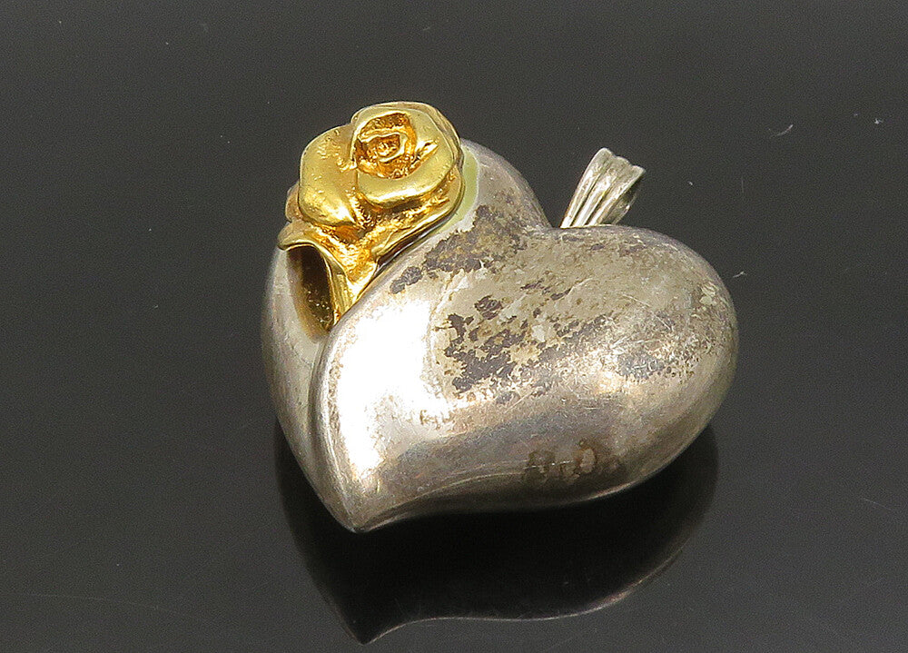 GORHAM 925 Silver  Vintage Two Tone Rose Flower Love Heart Pendant  PT19353