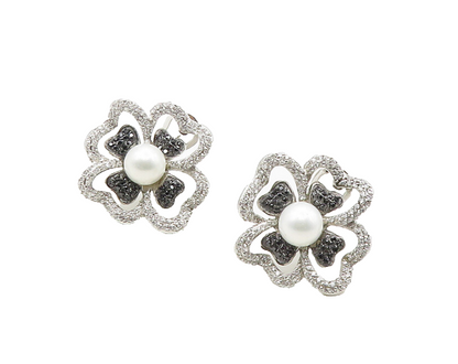 925 Sterling Silver  Pearl Hematite & Topaz Shiny Flower Drop Earrings  EG9180