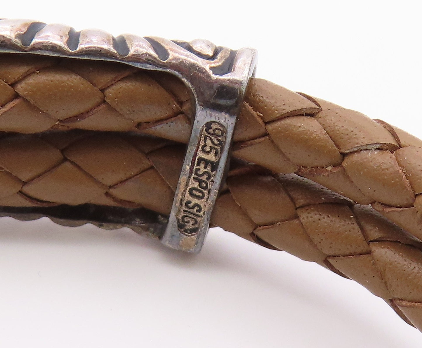 ESPO SIG 925 Silver  Vintage Brass Scroll Detail Leather Cuff Bracelet  BT9391