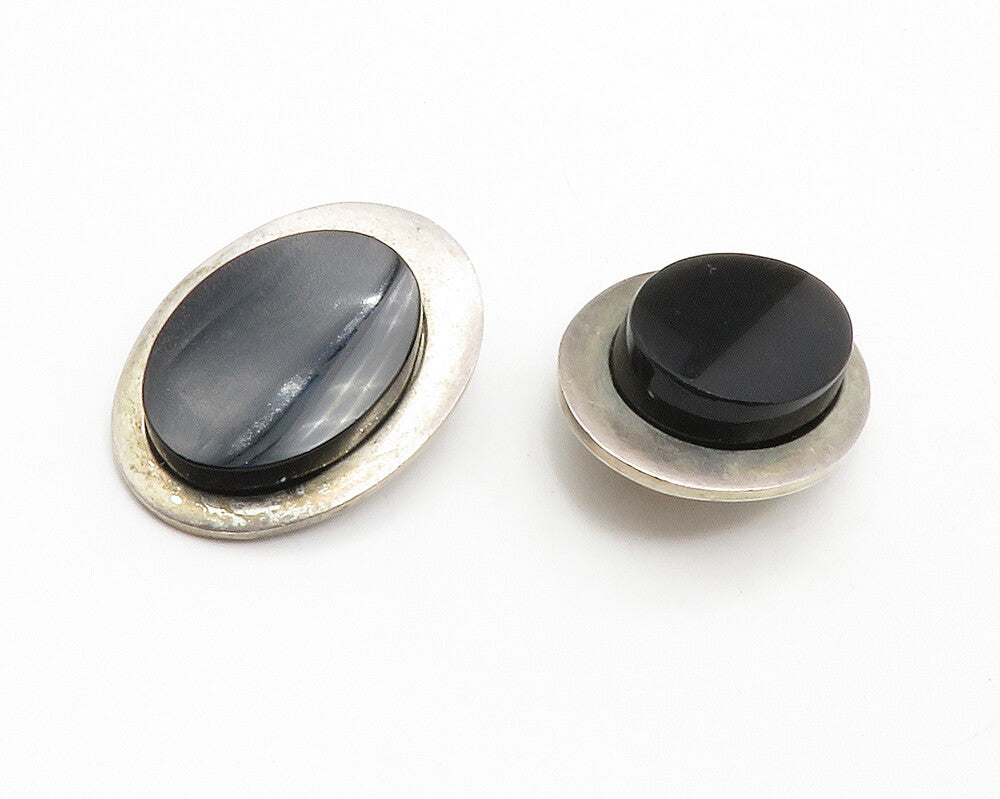 MEXICO 925 Sterling Silver  Vintage Black Onyx Oval Non Pierce Earrings EG6466