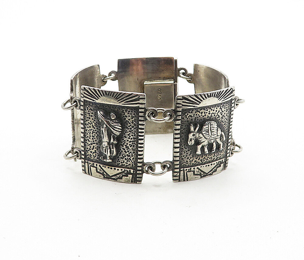 925 Sterling Silver  Vintage Antique Oxidized Storyteller Bracelet  BT1620