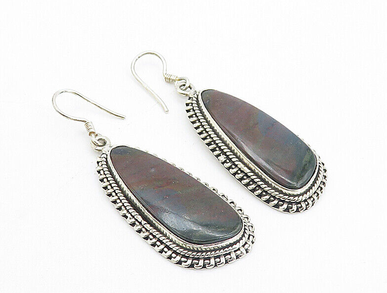 925 Sterling Silver  Vintage Jasper Shiny Twist Border Dangle Earrings  EG3560