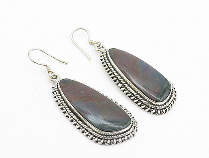 925 Sterling Silver  Vintage Jasper Shiny Twist Border Dangle Earrings  EG3560