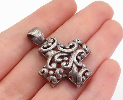 925 Sterling Silver  Vintage Dark Tone Swirl Pattern Cross Pendant  PT4537