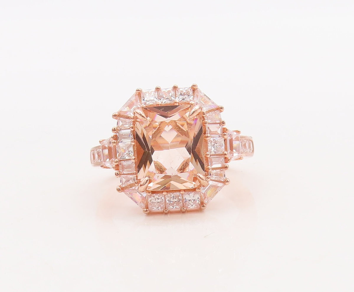 925 Sterling Silver Vintage Ring Rose Gold Plated Morganite & CZ  Sz 7  RG29829