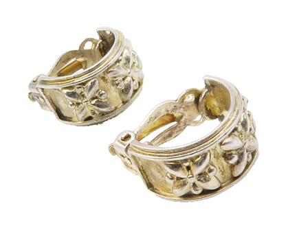 925 Sterling Silver  Vintage Shiny Flowers Non Pierce Hoop Earrings  EG8356