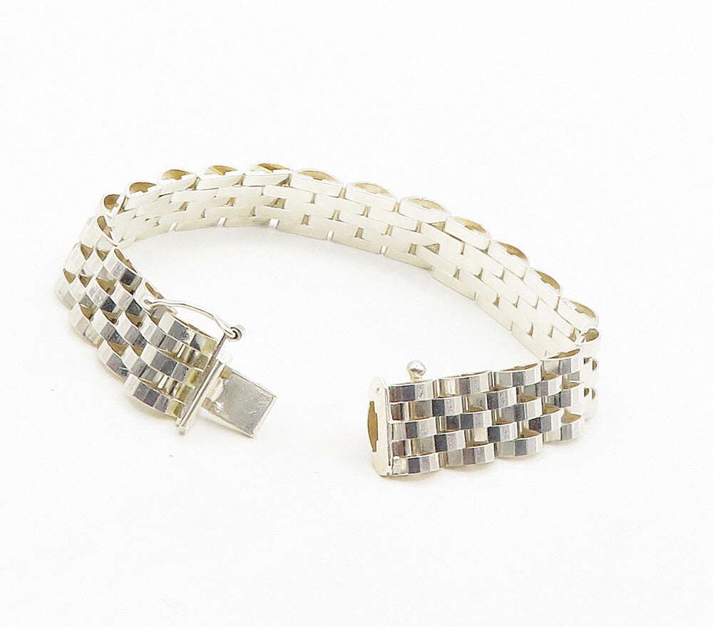 925 Sterling Silver Shiny Brick Layered Hinge Link Chain Bracelet  BT6187