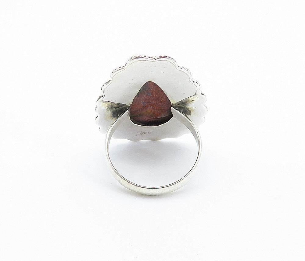 925 Sterling Silver  Vintage Agate Swirl Border Cocktail Ring Sz 10  RG8102