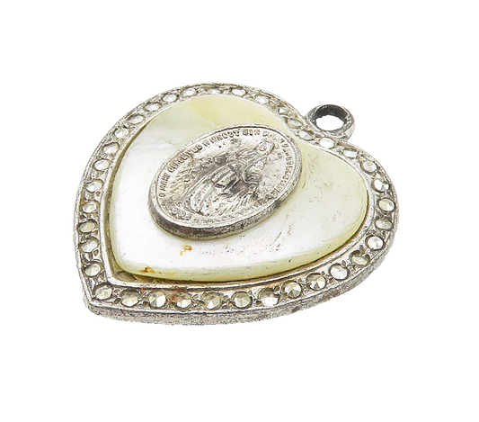 925 Silver  Vintage Antique Mother Of Pearl & Marcasite Heart Pendant  PT12169