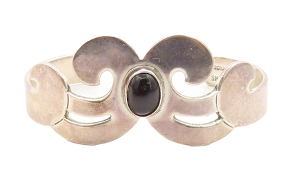MEXICO 925 Sterling Silver Vintage Black Onyx Swirl Cuff Bracelet BT1379