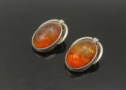 925 Sterling Silver   Vintage Cabochon Cut Amber Oval Drop Earrings  EG11289