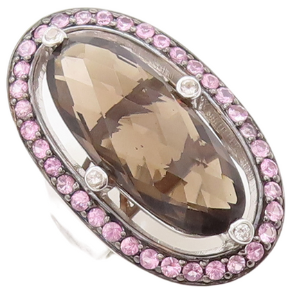 925 Sterling Silver Vintage Ring Pink CZ & Oval Cut Smoky Quartz Sz 7  RG29841