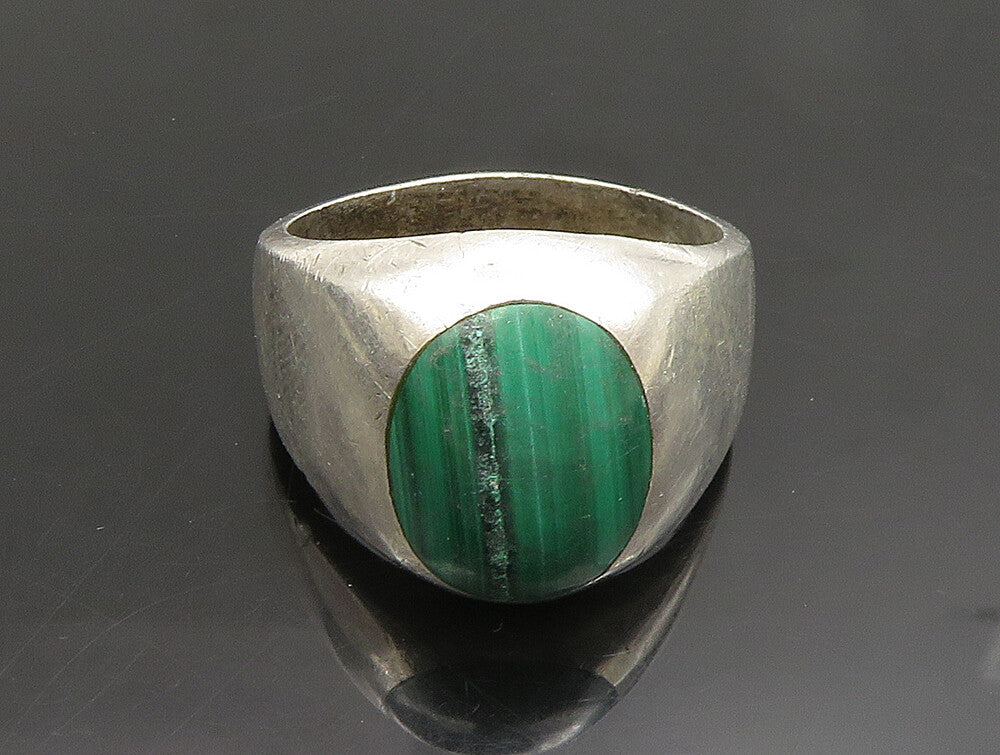 MEXICO 925 Silver  Vintage Inlaid Oval Malachite Dome Ring Sz 12  RG25190