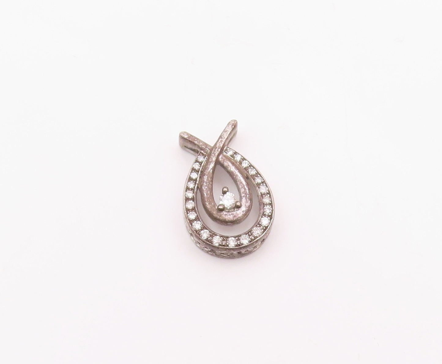 925 Sterling Silver  Vintage Genuine Diamonds Open Tear Drop Pendant  PT19616