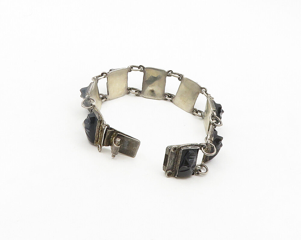 MEXICO 925 Sterling Silver Vintage Face Carved Black Onyx Chain Bracelet  BT7704