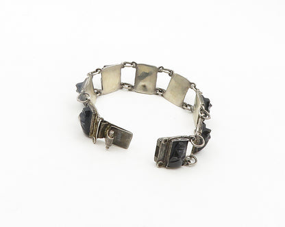 MEXICO 925 Sterling Silver Vintage Face Carved Black Onyx Chain Bracelet  BT7704
