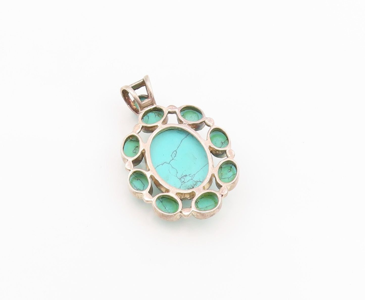 925 Sterling Silver Vintage Pendant Oval Cabochon Turquoise Flower  PT24312