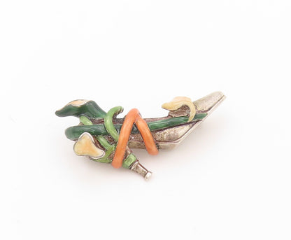925 Sterling Silver Vintage Brooch Pin Enameled Roped & Floral Shoe  BP11177