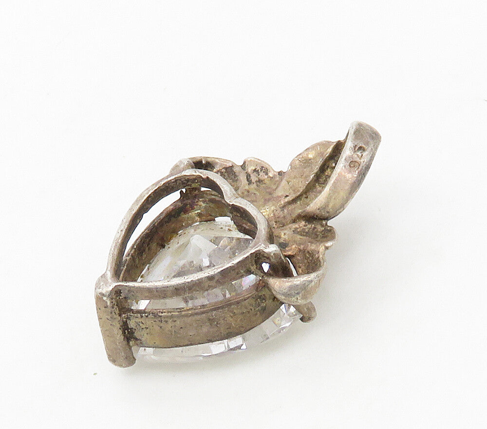 925 Sterling Silver  Vintage Cubic Zirconia Love Heart Ribbon Pendant  PT12936