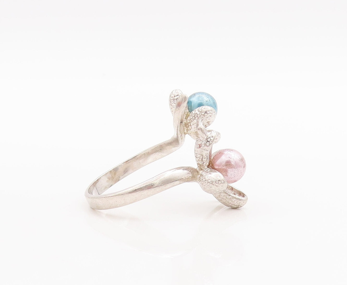 925 Sterling Silver Vintage Ring Blue & Pink Pearl Beaded Flowers  Sz 9  RG28981