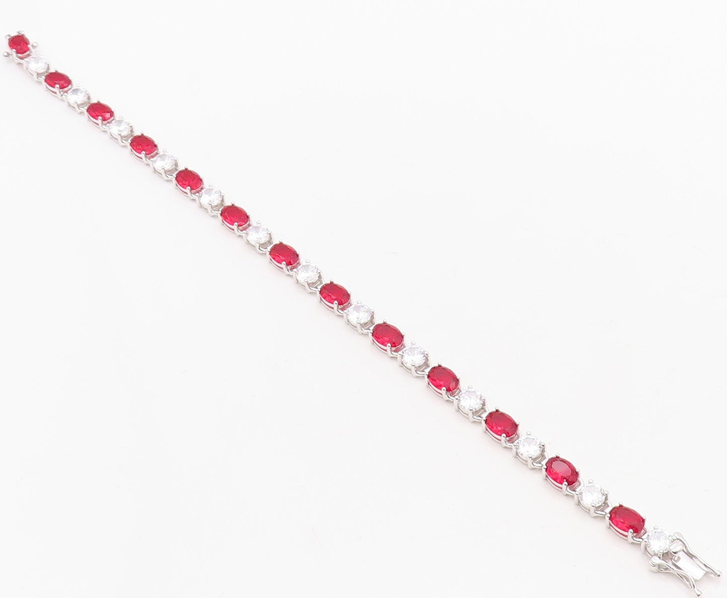925 Sterling Silver Vintage Bracelet Minimalist Oval Cut Red & White CZ  BT10882