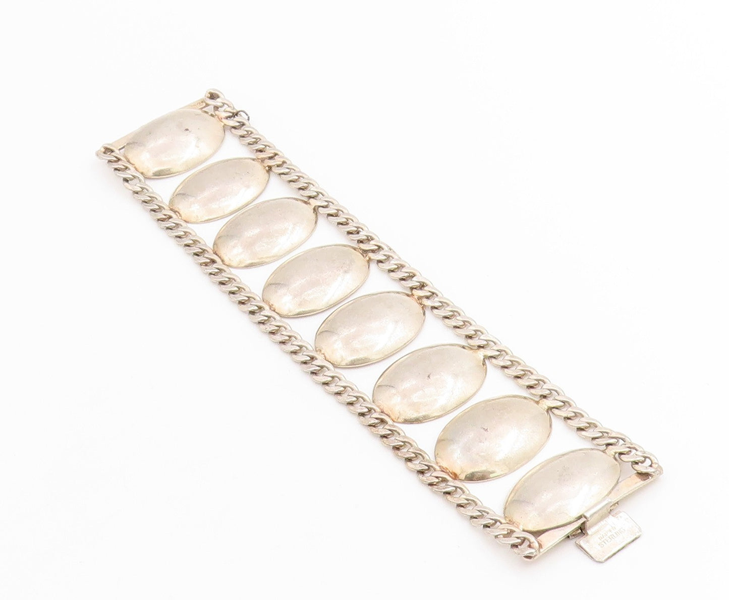 925 Sterling Silver Vintage Bracelet Geometric Solid Oval Link Chain  BT11421