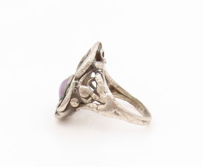 925 Sterling Silver Vintage Ring Cabochon Amethyst Brutalist Band  Sz 4  RG34619