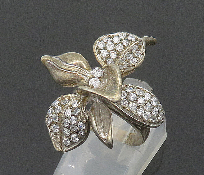 925 Silver  Vintage Cubic Zirconia Flower Motif Cocktail Ring Sz 4.5  RG19842