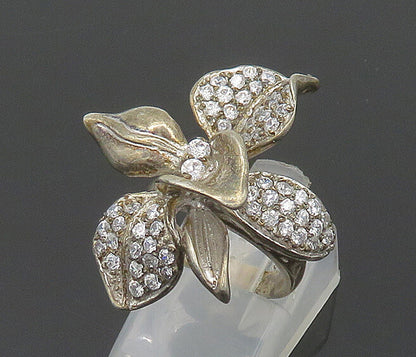 925 Silver  Vintage Cubic Zirconia Flower Motif Cocktail Ring Sz 4.5  RG19842