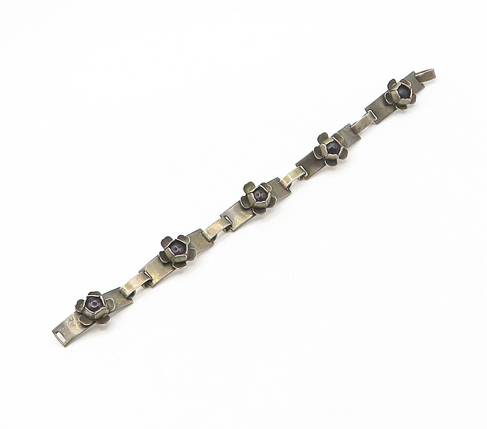 925 Sterling Silver  Vintage Antique Black Onyx Floral Chain Bracelet  BT6605