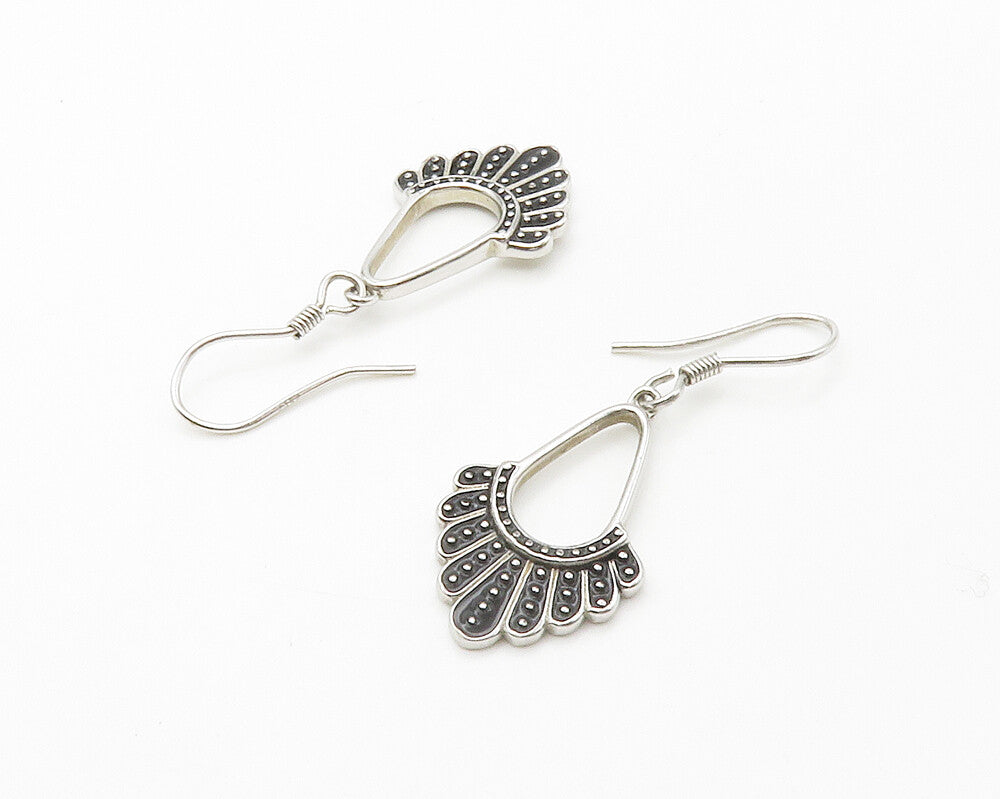 925 Sterling Silver  Vintage Shiny Two Tone Fan Design Drop Earrings  EG7300