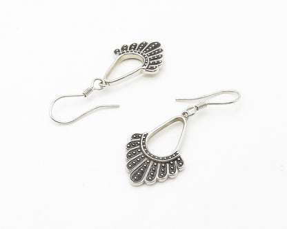925 Sterling Silver  Vintage Shiny Two Tone Fan Design Drop Earrings  EG7300