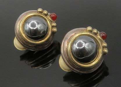 ISRAEL 925 Silver  Vintage Hematite & Garnet Non Pierce Drop Earrings  EG7110