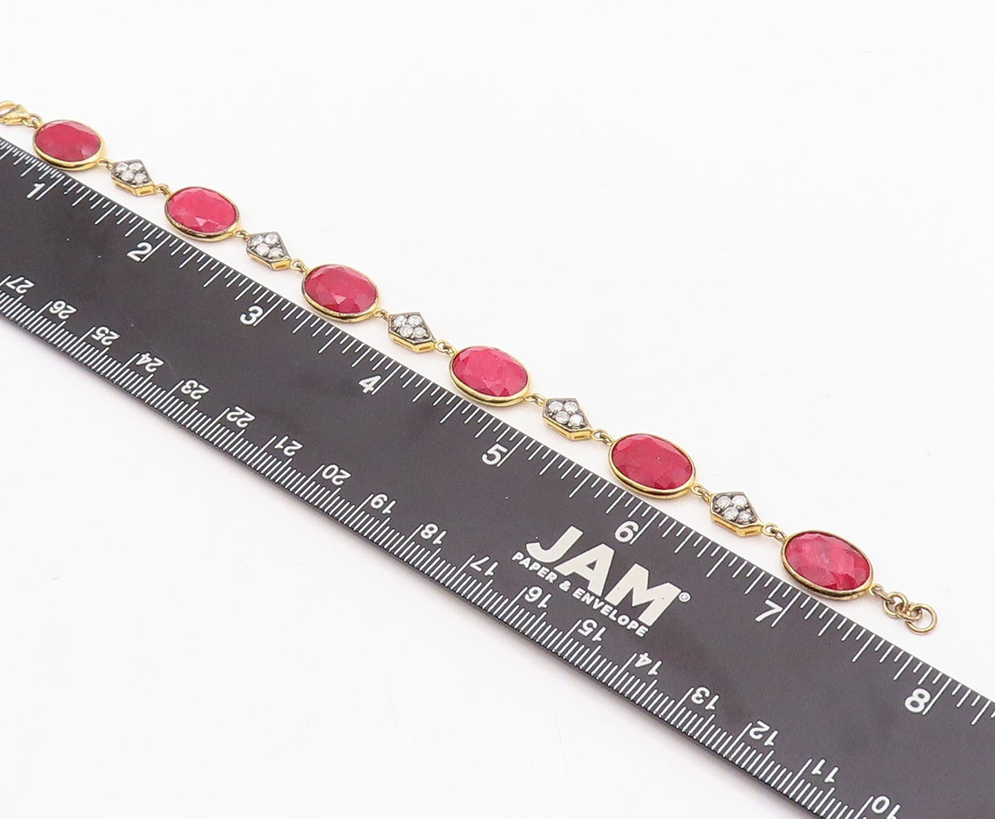 925 Sterling Silver Vintage Bracelet Gold Plated Diamonds & Oval Ruby  BT10837