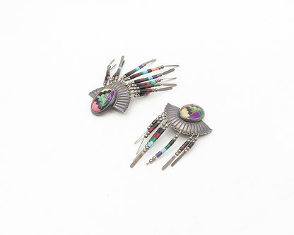 Q.T. NAVAJO 925 Silver Vintage Black Onyx & Multi Stone Drop Earrings EG9193