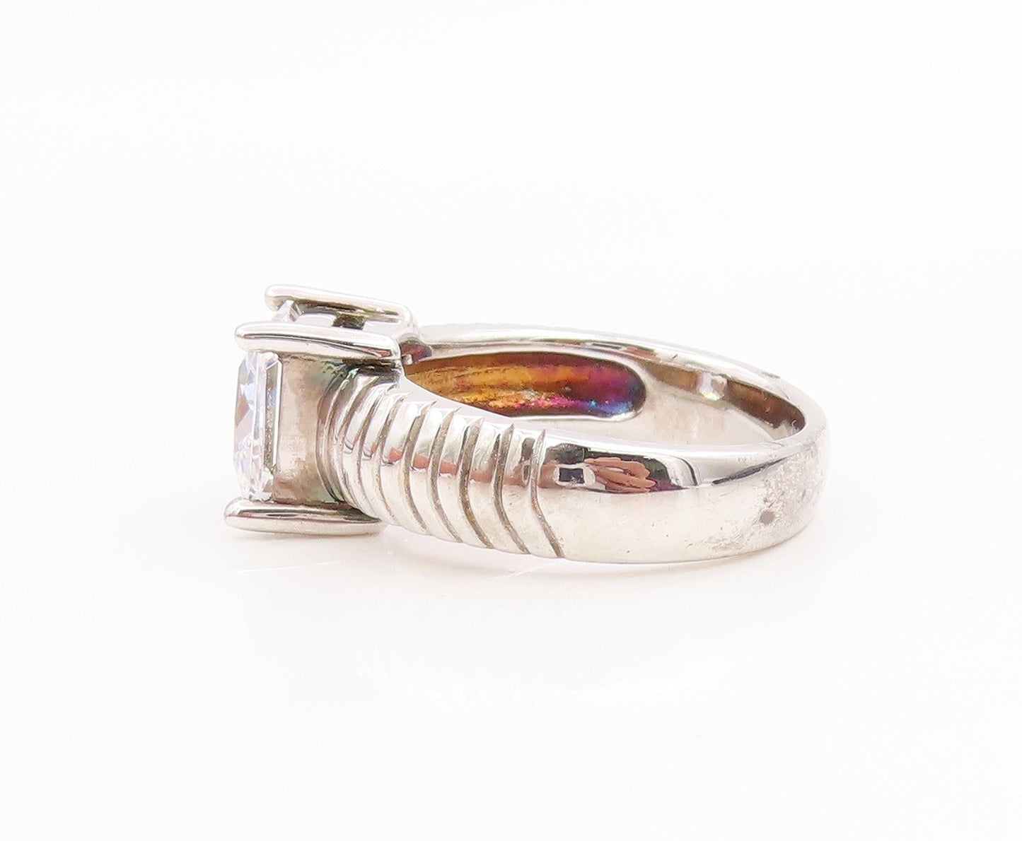 925 Sterling Silver Vintage Ring Square Cut CZ Ribbed Band  Sz 7.5  RG35630