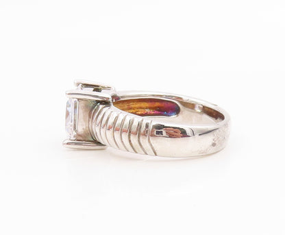 925 Sterling Silver Vintage Ring Square Cut CZ Ribbed Band  Sz 7.5  RG35630