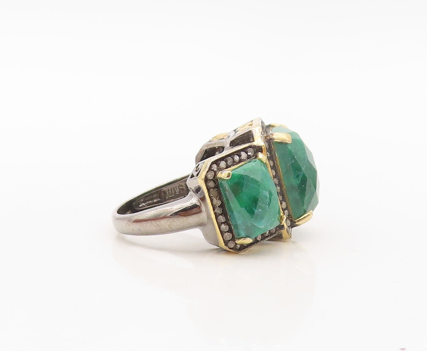 925 Sterling Silver Vintage Ring Diamonds Frame Green Gemstones  Sz 7.5  RG30230