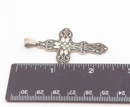 925 Sterling Silver Vintage Pendant MEXICO Engraved Religious Cross  PT25948