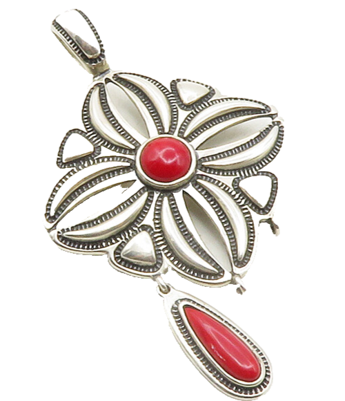 CAROLYN POLLACK RELIOS 925 Silver  Vintage Red Coral Floral Pendant  PT9925