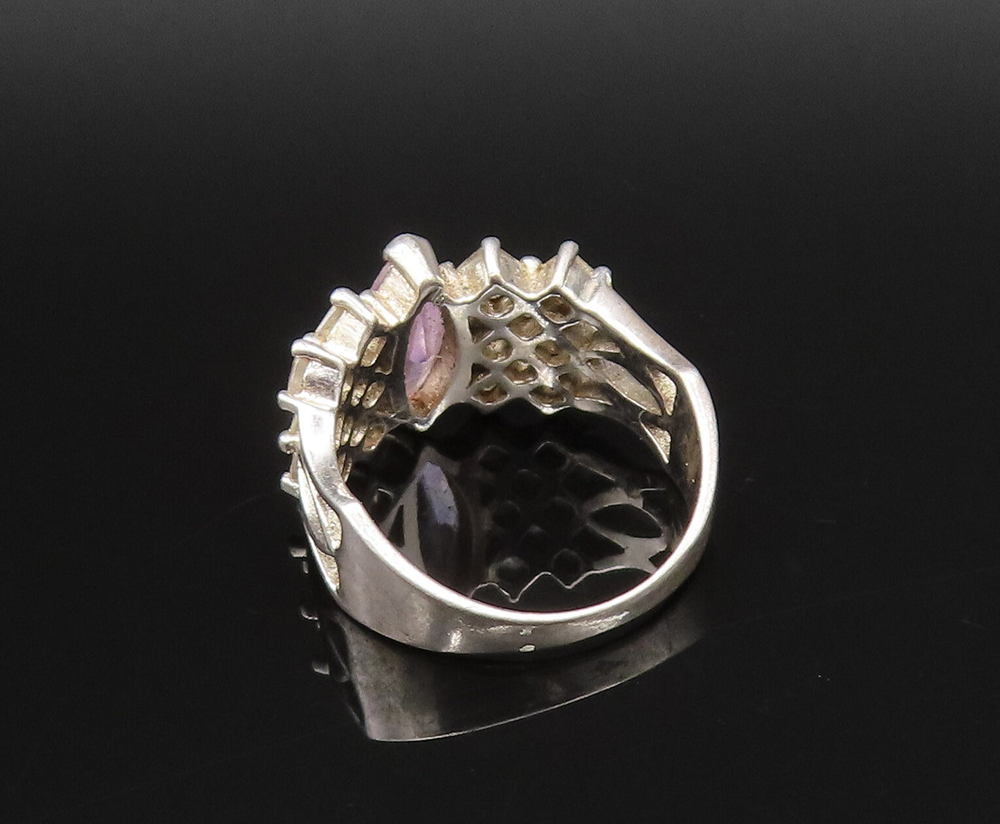 925 Silver  Vintage Purple & White Cubic Zirconia Open Shank Ring Sz 8 RG25905