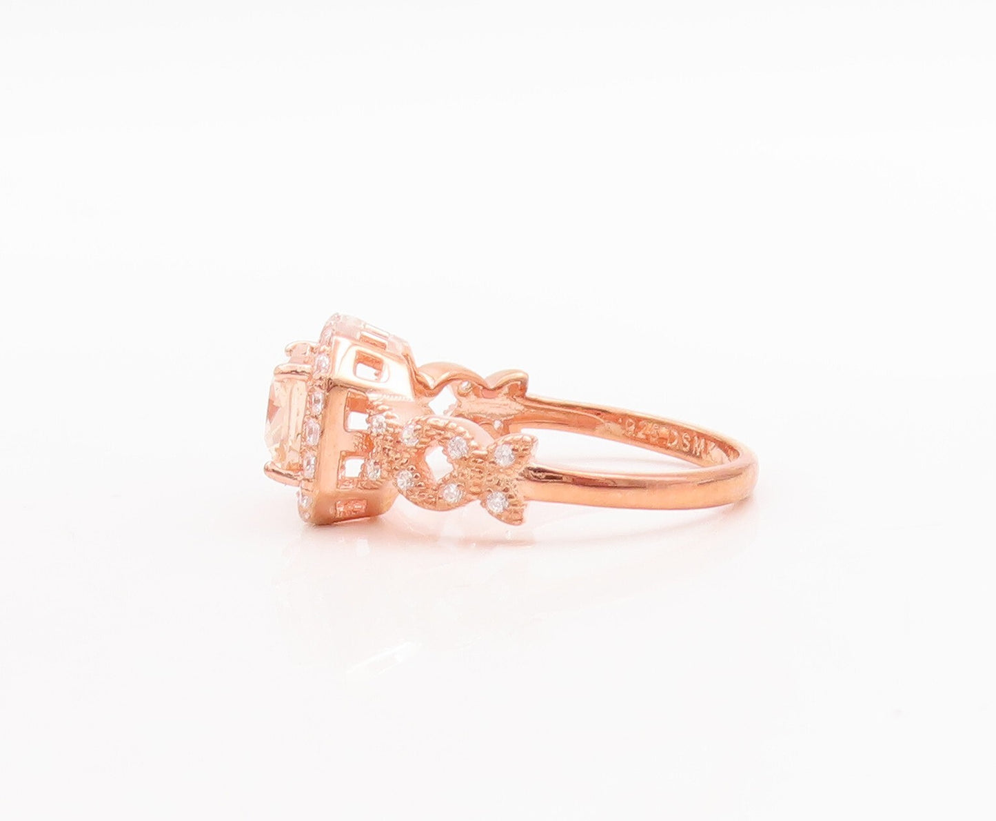 925 Sterling Silver Vintage Ring Rose Gold Plated Morganite & CZ  Sz 7  RG29423