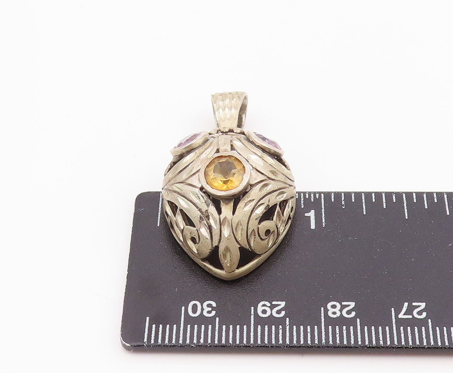 925 Sterling Silver Vintage Pendant Citrine & Amethyst Openwork Charm  PT26029