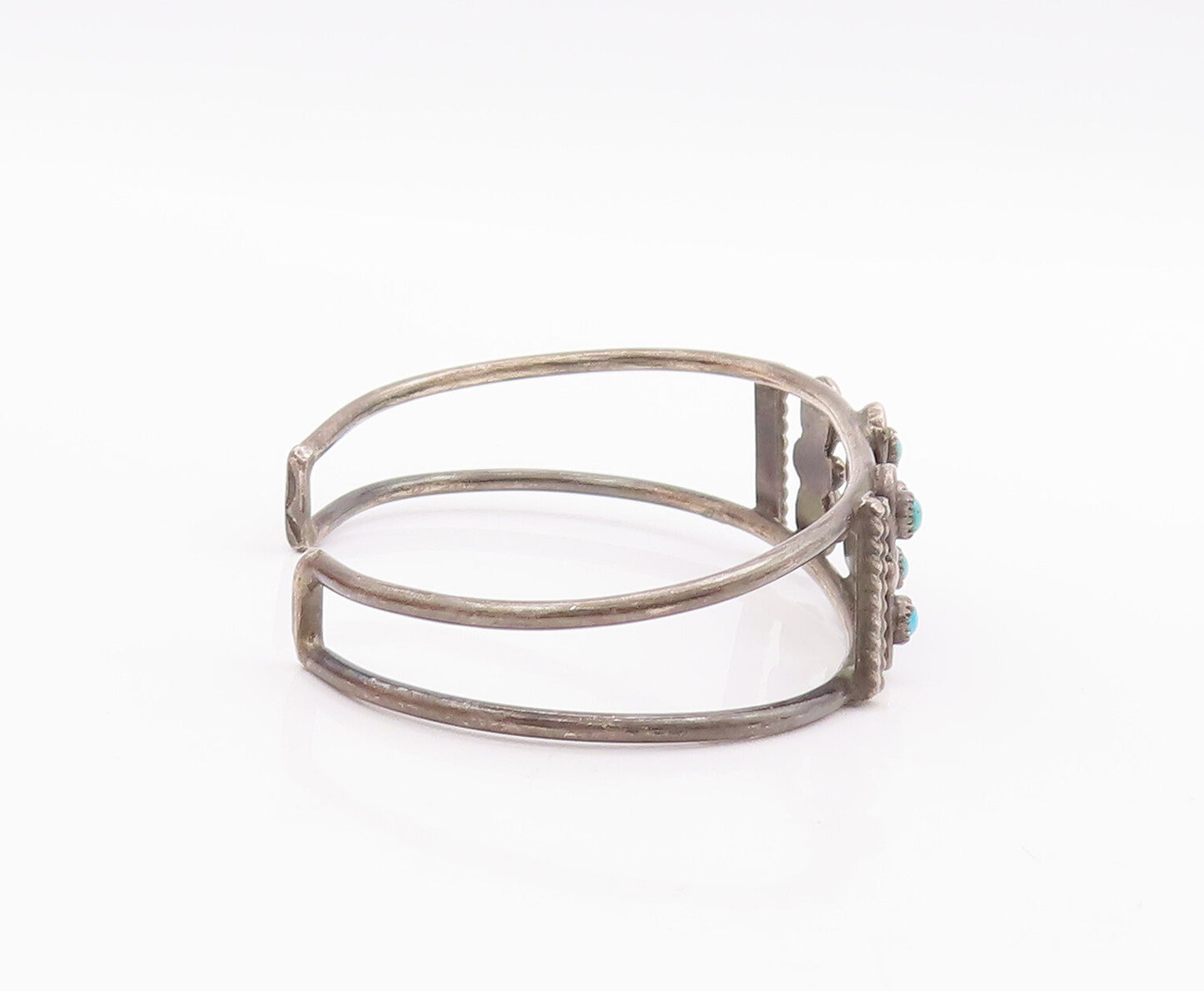 925 Sterling Silver Vintage Bracelet NAVAJO Floral Cutout Turquoise Cuff BT10522