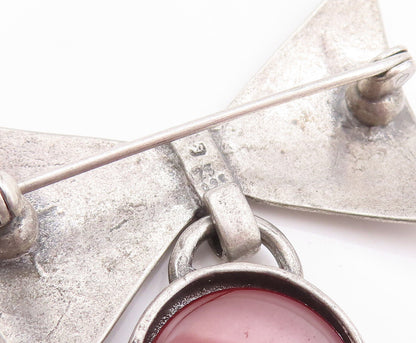 925 Sterling Silver Vintage Brooch Pin Carved Bow Dangling Carnelian  BP10865