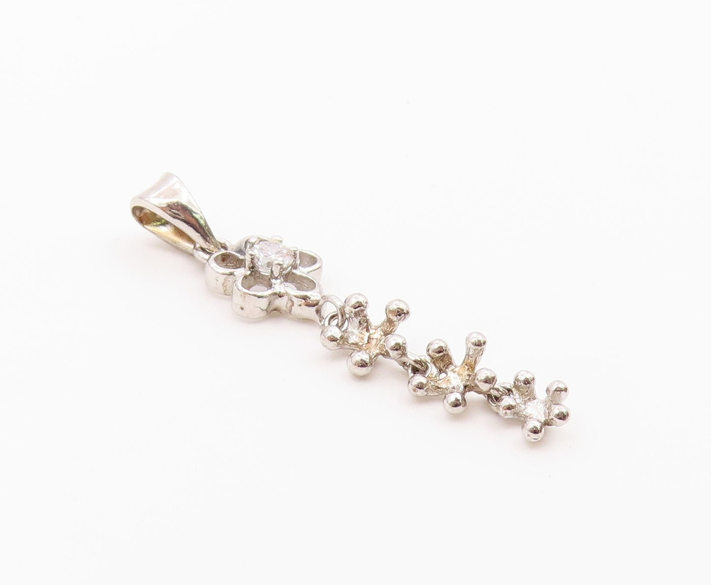 925 Sterling Silver  White Cubic Zirconia Floral Pebbled Drop Pendant  PT1517