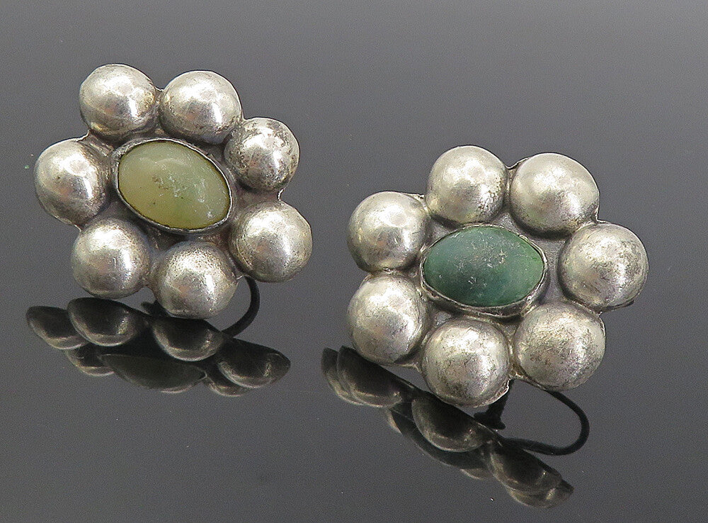 MEXICO 925 Silver Vintage Antique Jasper Floral Non Pierce Earrings EG4174