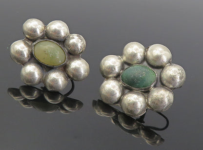 MEXICO 925 Silver Vintage Antique Jasper Floral Non Pierce Earrings EG4174