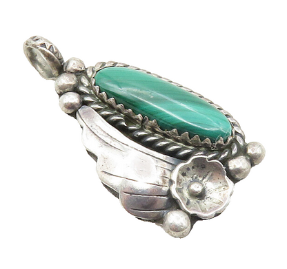 CALVIN DESSON NAVAJO 925 Silver  Vintage Malachite Floral Leaf Pendant  PT7335