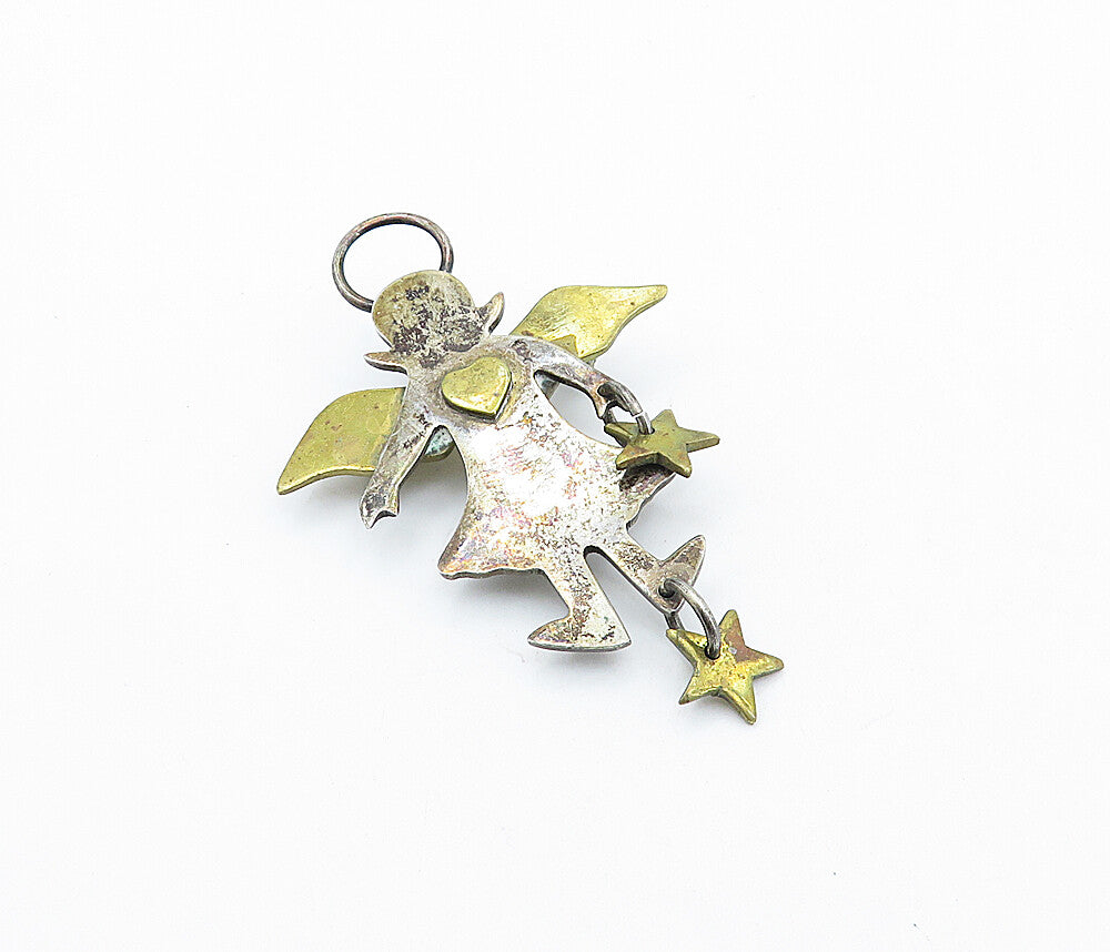 MEXICO 925 Sterling Silver  Vintage 2 Tone Love Heart Angel Brooch Pin  BP2455